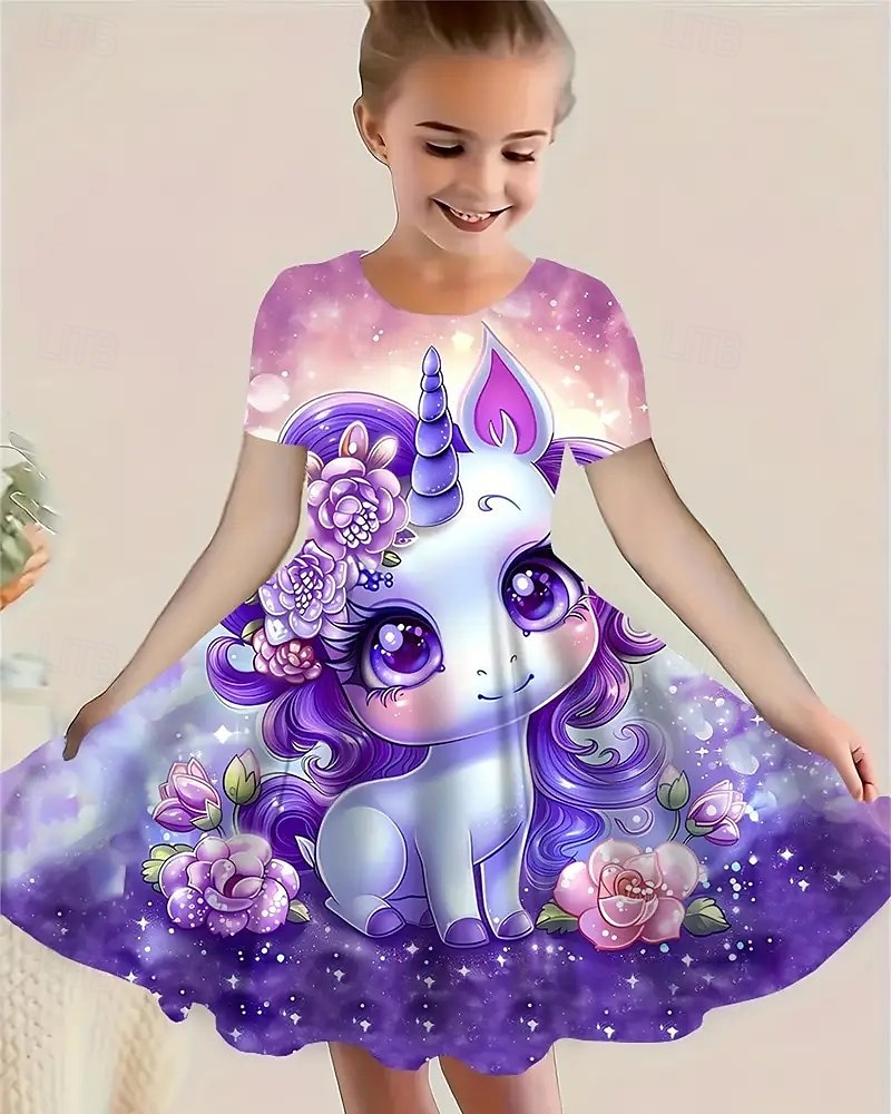 ragazze' 3D Unicorno Abito Manica Corta Estate Primavera Vacanza Quotidiano Ferie Principessa Bello Dolce Bambini 4-12 Anni Vestito Casual Lunghezza al ginocchio Vestibilità regolare del 2025 a AU $25.09 –P1
