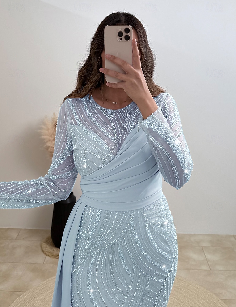 Robe de soirée colonne bleue élégante robe de carnaval formelle longueur de sol manches longues décolleté illusion sequins avec paillettes de 2025 ? $149.99 –P6