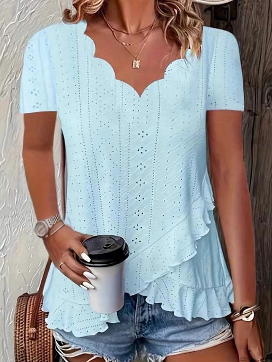 Femmes Chemisier A Volants Œillet Couleur Unie Élégant Occasionnel Manche Courte Col en V Hauts Réguliers Quotidien Bleu Blanche Jaune Rose Claire Vert Été de 2026 ? $24.99 –P2