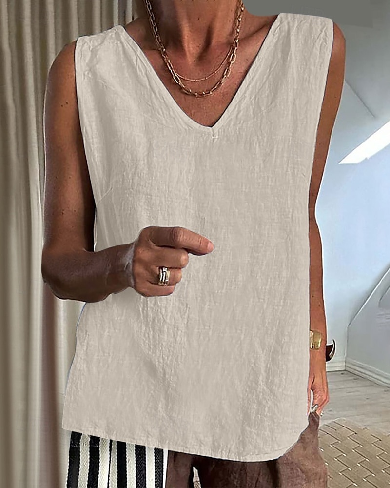 Dames Overhemd Linnen-geïnspireerde sets Blouse Effen Modern Casual Mouwloos V-hals Normale tops Dagelijks Feestdagen Zwart Blozend Roze Leger Groen Beige Grijs Zomer 2025 - $19.99 –P1