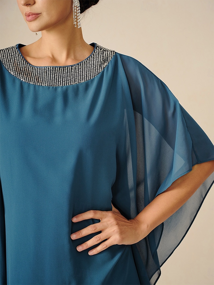 Damen Knielanges Kleid Chiffonkleid Elegant Party Einfarbig Halbarm Rundhalsausschnitt Blau Sommer Frühling Herbst 2025 - $79.99 –P4
