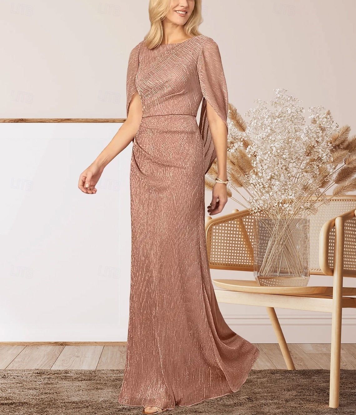 Abito per la madre della sposa sirena  tromba abito da matrimonio elegante scollatura a girocollo lunghezza a terra chiffon senza maniche con arricciature del 2025 a $171.99 –P3