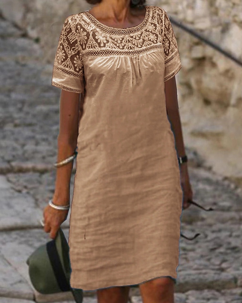 Femmes Mini Robe Robe en coton et lin Mode Moderne Extérieur Vacances Fête Coupe régulière Uni Manche Courte Col ras du cou Noir Blanche Rose Claire Kaki Été de 2025 ? $12.99 –P4