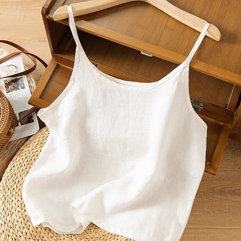 Women's Cotton Linen Vest Blouse Plain Modern Casual Sleeveless Strap Regular Tops Holiday Going out Black White Purple Apricot Summer 2025 - $19.99 –P3