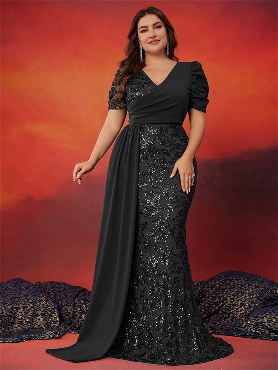 Meerjungfrau Trompete Plus Size Kleider Elegantes Kurvenkleid Formelles Hochzeitskleid Bodenlang Kurzarm V-Ausschnitt Pailletten mit Pailletten 2025 2025 - $169.99 –P19