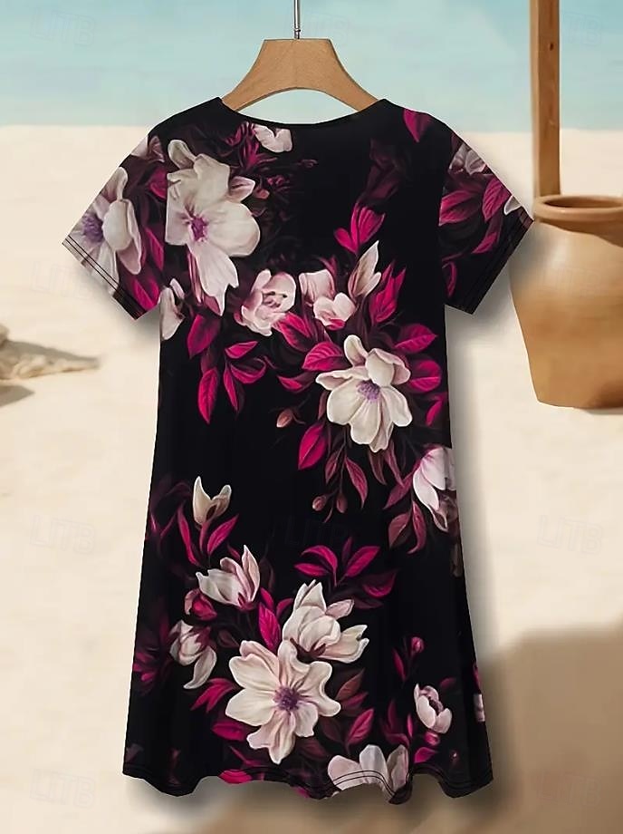 Dame Mini kjole T skjortekjole Solkjole Kjole med A-linje Ferie Fritid Strandstil Ut på byen Strand Standard passform Blomstret Grafisk Kortermet V-hals Dyp Grønn Rød Svart Lilla Sommer 2025 - $23.99 –P4