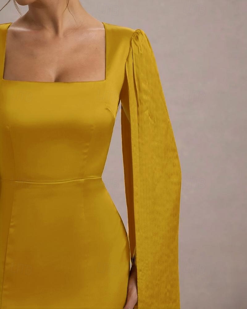 Senapsgul Klänning Fåll Cape Klänning Havfru  Trumpet Cocktail Klänningar Elegant Klänning Formell Bröllop Gäst Klänning Te Längd Midi Längd Fyrkantig Halsringning Siden 2025 - $136.99 –P2