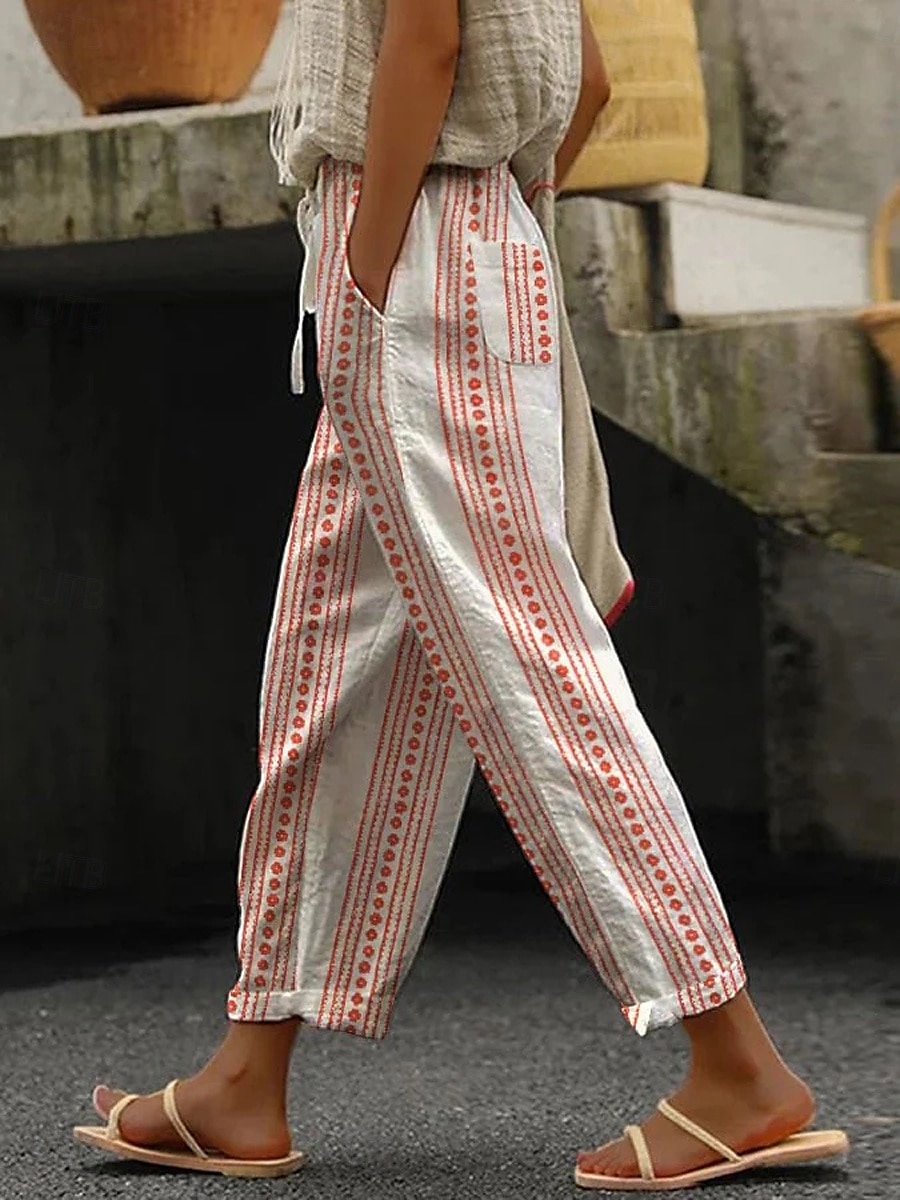 Damen Chinos Baggy-Hosen Strandshorts Urlaub Vintage Mode Volle Länge Hohe Taille Blumen Grafik Geometrisch Drucken Thermowarm Atmungsaktiv Weich Mikroelastisch Formell Urlaub Straße Rubinrot Orange 2025 - $32.99 –P4