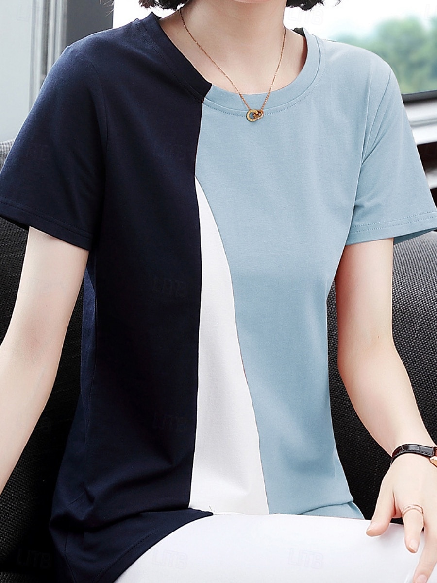 Dame Bluse Geometrisk Fargeblokk Stilfull Fritid Kortermet Crew-hals Vanlige topper Daglig Trykt mønster Svart Gul Blå Oransje Brun Sommer 2025 - $13.99 –P11