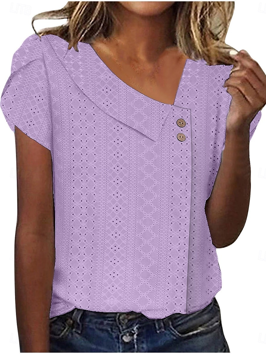 Tricou pentru Femei Culoare Uniformă Simplă Modă Stilat Modern Mâneci Scurte Gât în V Ținute Zilnice Weekend Butoni Ochii Alb Galben Roz Albastru Violet Vară 2025 - $17.99 –P3