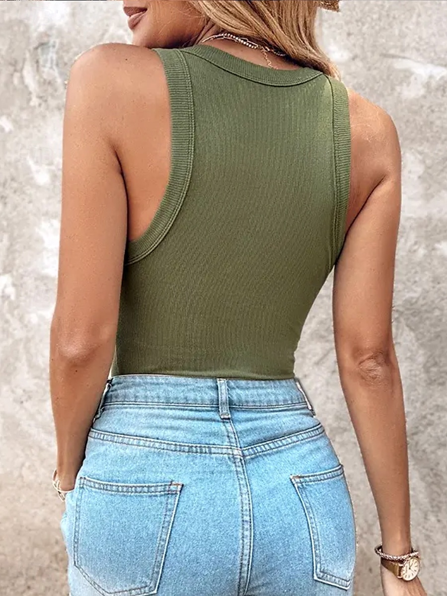 Dame Camisole Tank Top Helfarge Stripet Daglig Fritid Ermeløs Crew-hals Vanlige topper Daglig Trykt mønster Svart Lysegrønn Navyblå Grønn Sommer Vår Built-in Bra Ribbed 2025 - $19.99 –P14