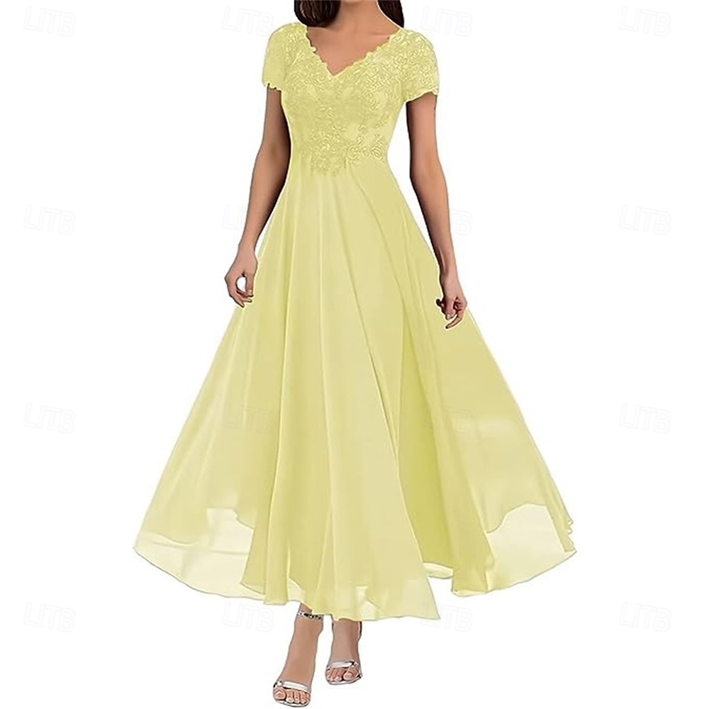 A-Linie Brautmutterkleid Elegant V Ausschnitt Bodenlang Polyester Kurzarm mit Einfarbig 2025 2025 - $119.99 –P16
