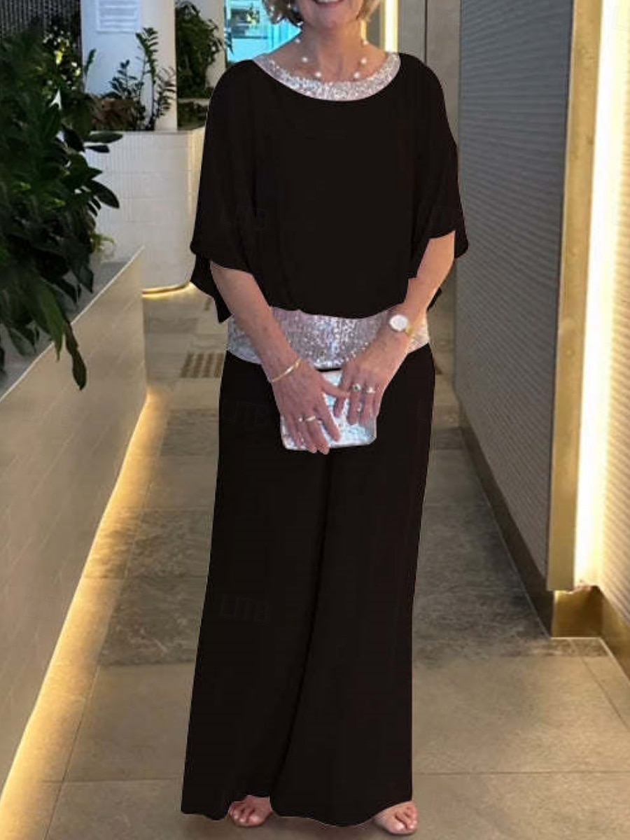 Ensembles de pantalons de mode 2 pièces pour femmes vêtements de rue quotidiens manches 3/4 col rond couleur unie sequins patchwork décontracté quotidien noir blanc rose été coupe régulière de 2025 ? $37.99 –P11