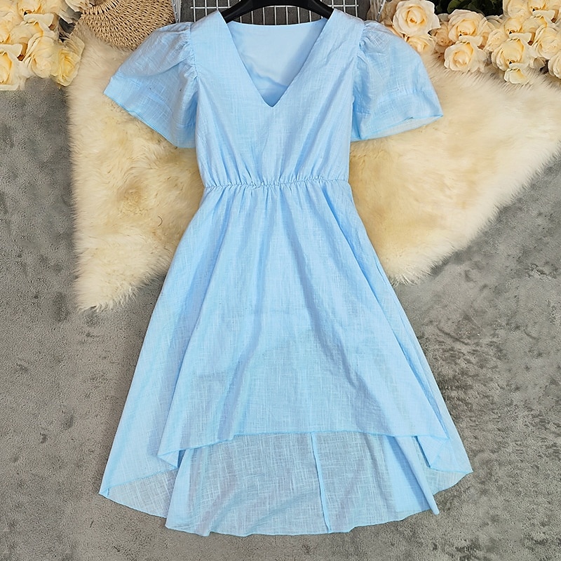 Per donna Abito Midi Abito in cotone e lino Abito Boho Abito occidentale Moda Classico Moderno All'aperto Quotidiano Ferie Vestibilità regolare Semplice Manica Corta Scollo a V Azzurro Estate del 2025 a $29.99 –P2