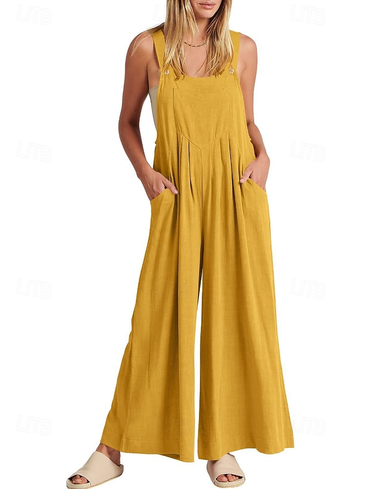 salopetă salopetă damă salopetă streetwear culoare uni fără mâneci decolteu în U buzunar stradă ieșire croială standard negru alb galben vară 2025 - $31.99 –P10
