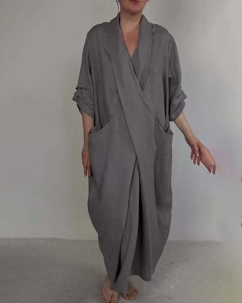 Per donna Abito Lungo Maxi Abito Abito in cotone e lino Moda Moderno All'aperto Vacanza Ferie Vestibilità regolare Semplice Mezza Manica Scollo a V Nero Bianco Blu Viola Estate del 2025 a $26.99 –P2