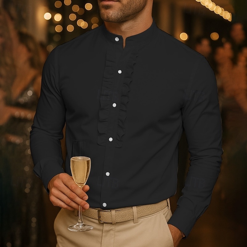 Herren Hemd Kleidhemd Knopfhemd Einfach Hochzeit Party Schwarz Weiß Langarm Stehkragen Frühling Herbst Bekleidung Rüsche 2026 - $37.99 –P2
