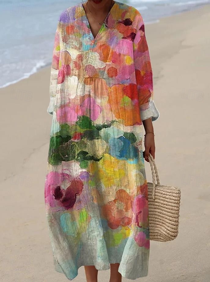 Damen Midikleid Sommerkleid A Linie Kleid Urlaub Lässig Boho Party Ausgehen Strand Blumen Grafik Langarm V Ausschnitt Hellrosa Weiß Hellgrün Rosa Sommer Frühling 2025 - $35.99 –P5