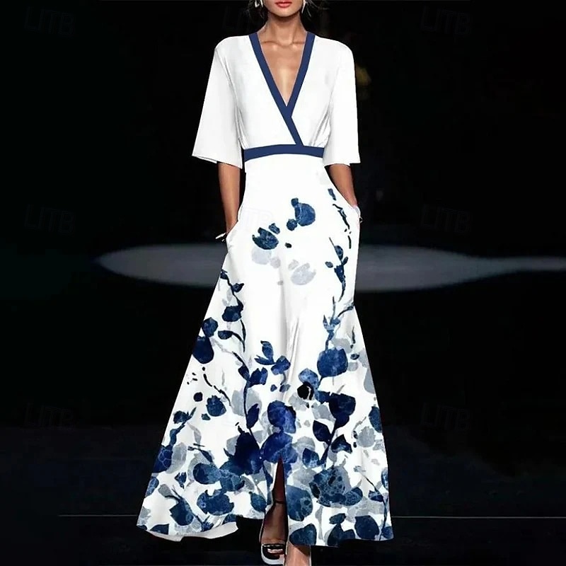 Pentru femei Rochie Lunga Rochie Maxi Rochie florala Rochie imprimata Modă Modern În aer liber Vacanță Dată Fit regulat Floare Manșon Jumate În V Alb Roșu-aprins Vară 2025 - $26.99 –P2