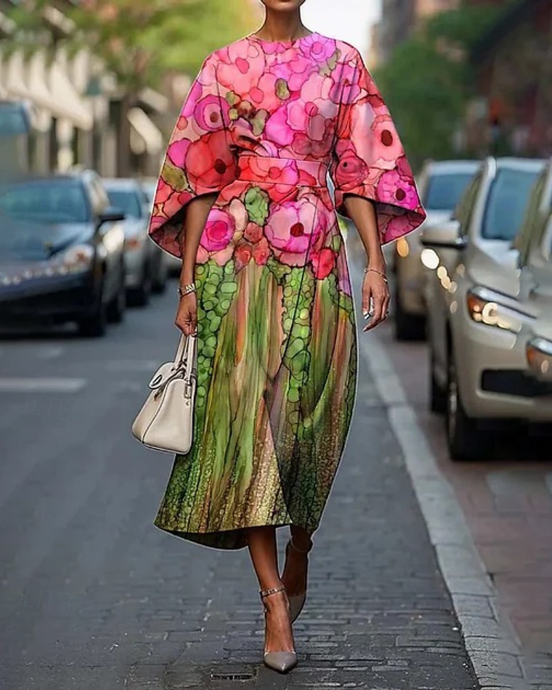 Dame Midikjole Floral kjole Print kjole Elegant Mote utendørs Feriereise Ut på byen Normal Blomsternål i krystall Halvlange ermer Crew-hals Rosa Fersken Grønn Mørkeblå Sommer 2025 - $25.99 –P1