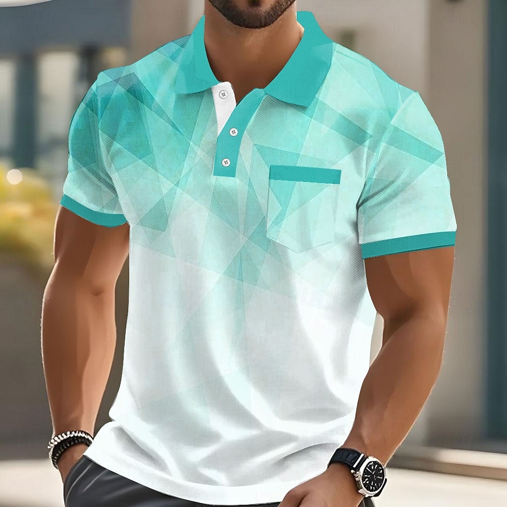 Men's Geometric Polo Short Sleeve Turndown Business Casual Daily Sports & Outdoor Business Casual Daily Buttons Pocket Summer Robin's Egg Blue Dark Blue Green 2025 - $20.99 –P5