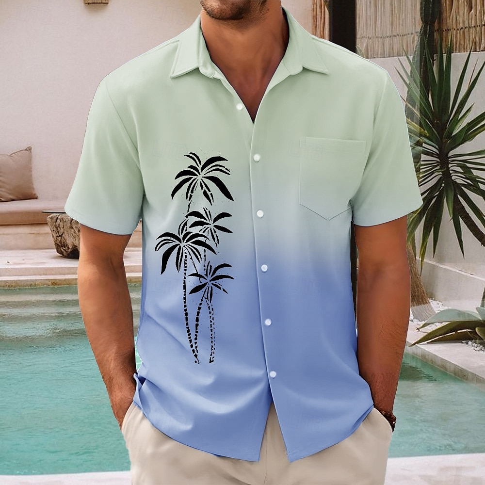 Herr Kokosnötsträd Gradientfärg Hawaii skjorta Knapp upp skjorta Aloha skjorta Kortärmad Hawaiisk Semester Helgdag Standkläder Sommar Vår Nedvikt 3D-utskrift krage skjortor Främre en ficka Blå Grön 2025 - $23.99 –P3