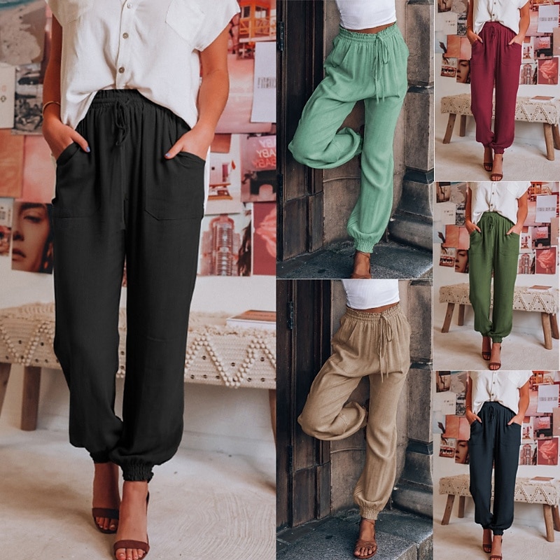 Femmes Slacks Pantalons Occasionnel Longueur complète Naturel Uni Avec Poches Conception à cordon élastique Confortable Extérieur Fête Décontracté Quotidien Week-end Vin Noir Vert Claire Vert Véronèse de 2025 ? $18.99 –P1