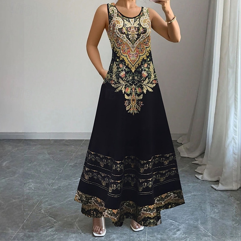 Damen Langes Kleid Maxikleid Freizeitkleid Trägerkleid Mode Outdoor Party Ferien Normale Passform Geometrisch Ärmellos Rundhalsausschnitt Schwarz Rote Grün Sommer 2025 - $24.99 –P1