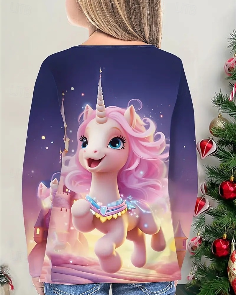 Flickor 3D Enhörnings T-shirt Långärmad Vår Höst Mode Grundläggande Barn 4-12 år Rund hals Utomhus Ledigt Dagligen Normal 2025 - $13.99 –P3