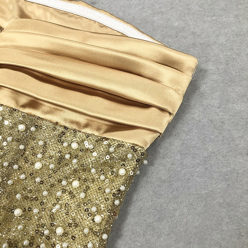 Rochie de seară elegantă din paiete aurii rochie sirenă/trumpetă formală semiformalsă lungime la podea rochie maxi fără mâneci fără bretele pliuri din satin cu perle brodate 2025 - $139.99 –P5