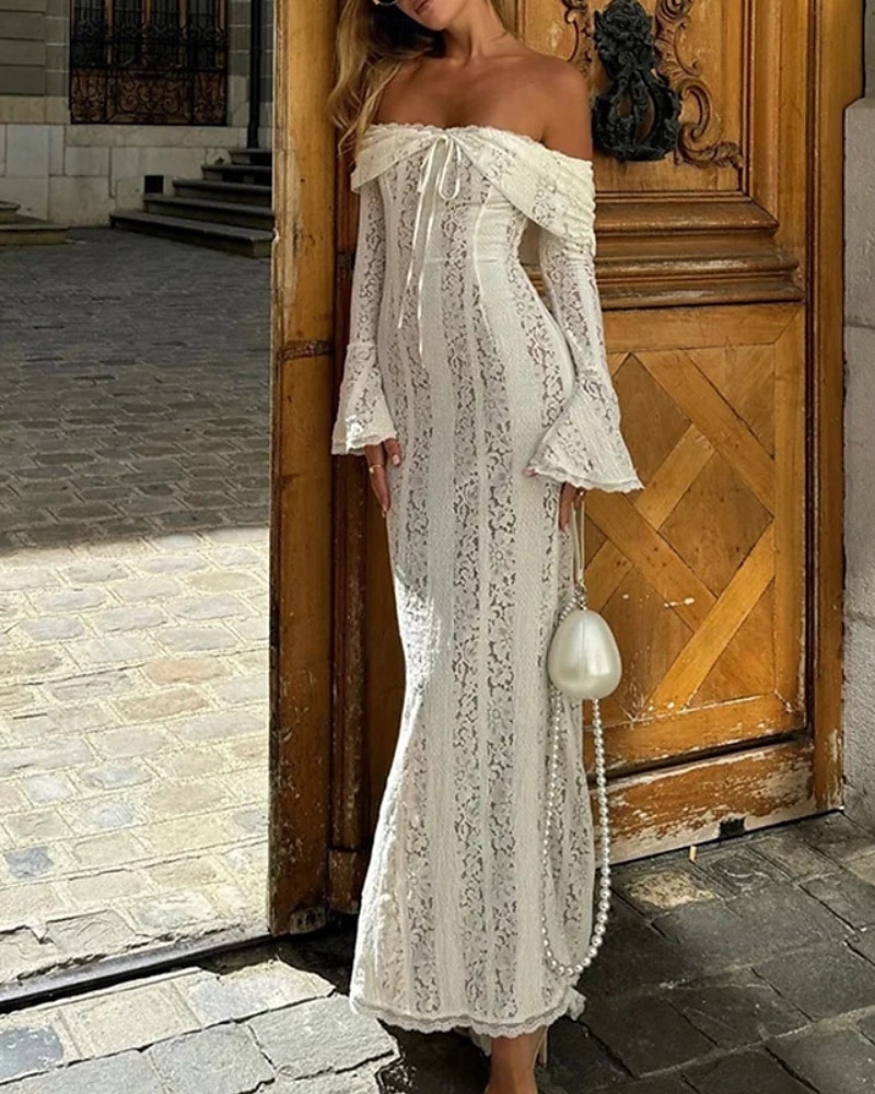 Dámské Dlouhé šaty Maxi šaty Krajkové šaty Šaty na ples Šaty na párty Elegantní Módní Párty Zvláštní příležitosti Večerní oslava Běžný Bez vzoru Dlouhý rukáv Pod rameny Černá Bílá Léto 2025 - $35.99 –P5