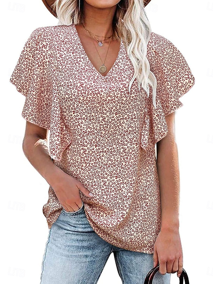 Femmes T-shirt Fleuri Mode Élégant Moderne Manche Courte Col en V Hauts Réguliers Quotidien Week-end Jaune Rose Claire Rouge Vert Été de 2025 ? $16.99 –P4