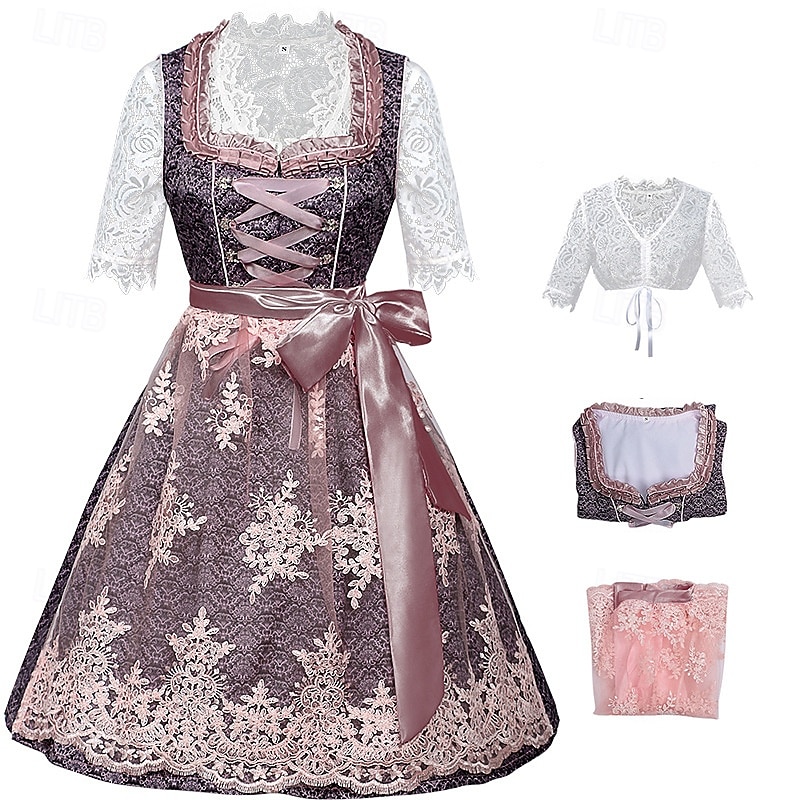 Damen Lila Spitze Dirndl Kleid mit Bluse und Pinker Schürze für das Oktoberfest Wiesn Party 2025 - $68.99 –P1