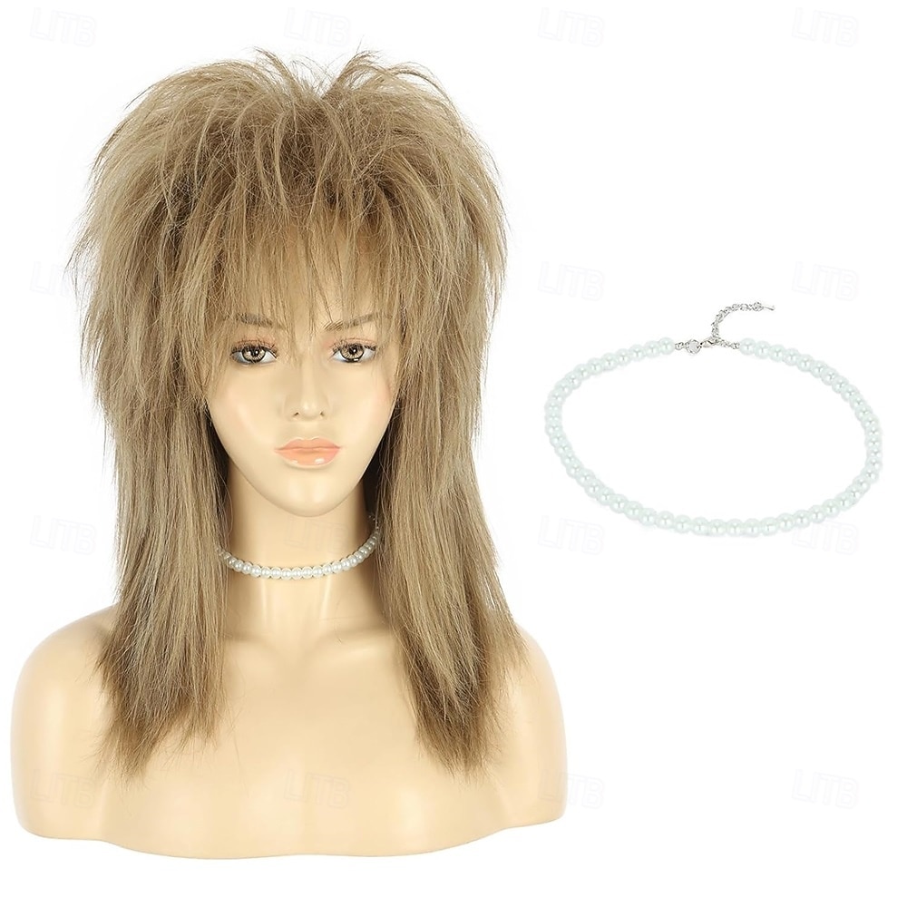 باروكة شعر موليت من السبعينيات والثمانينيات بطول الكتف للنساء، باروكة شعر بني مستقيم مع قلادة، مناسبة لحفلات الديسكو والهالوين 2026 - $24.99 –P8