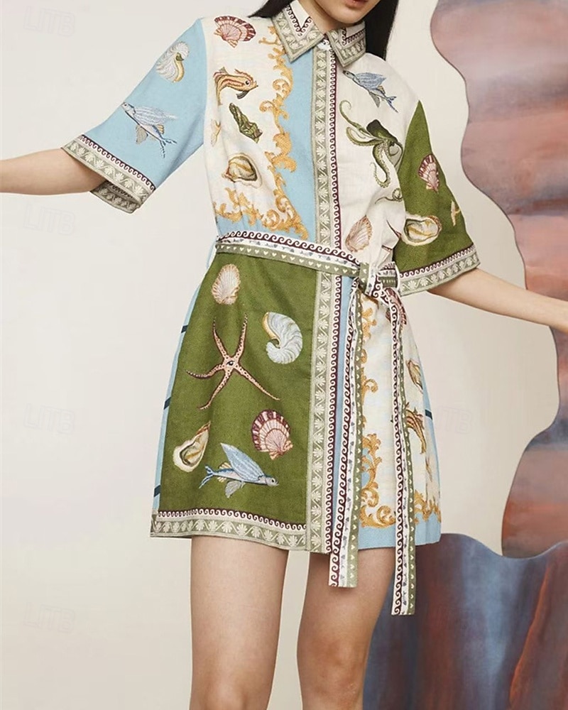 Women's Mini Dress Cotton Linen Dresses Casual Dress Fashion Outdoor Party Holiday Regular Fit Animal Short Sleeve Shirt Collar Green Summer 2025 - $42.99 –P5
