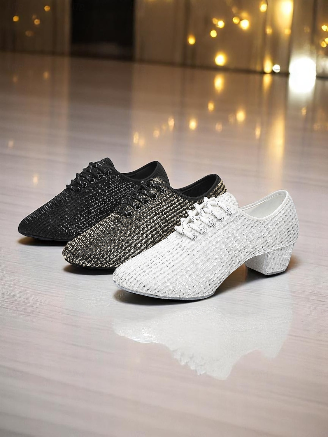 Weiße Mesh-Latein-Tanzschuhe für Damen mit niedrigem, klobigem Absatz und funkelnden Strasssteinen – atmungsaktives, professionelles Standardschuhwerk für Künstler und Wettbewerbe 2025 - $32.99 –P5
