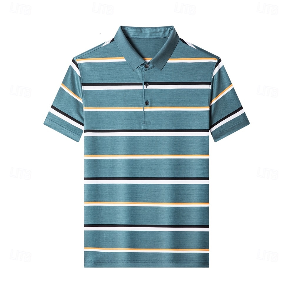 Herren Poloshirt aus Seide, Baumwolle und Lyocell, formelle Arbeit, Turndown, kurze Ärmel, Basic, formal, gestreift, Streifendruck, Sommer, normale Passform, schwarz-grün 2025 - $57.99 –P2
