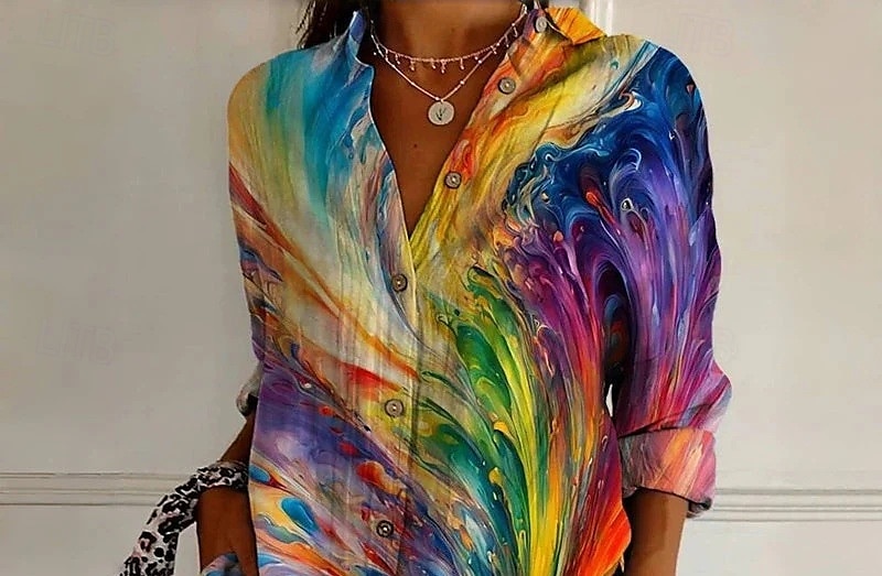 Pentru femei Cămașă Grafic Geometric Casual Boho Manșon Lung Guler Cămașă Topuri obișnuite Zilnic Ieșire Ținute de petrecere Peteci Nasturi Imprimeu Curcubeu Primăvară, toamnă, iarnă, vară 2025 - $25.99 –P2