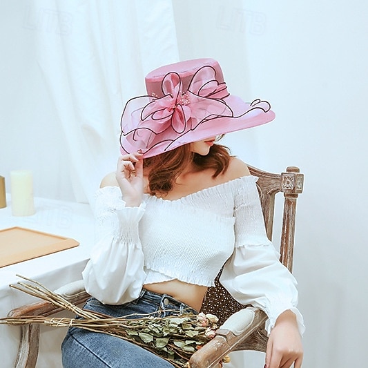 Hatter organza Bryllup Aftenselskap Te Fest Strand Hesteløp Elegant søt stil Solbeskyttelse Med Blomster Hodeplagg Hodeplagg 2025 - $16.99 –P21