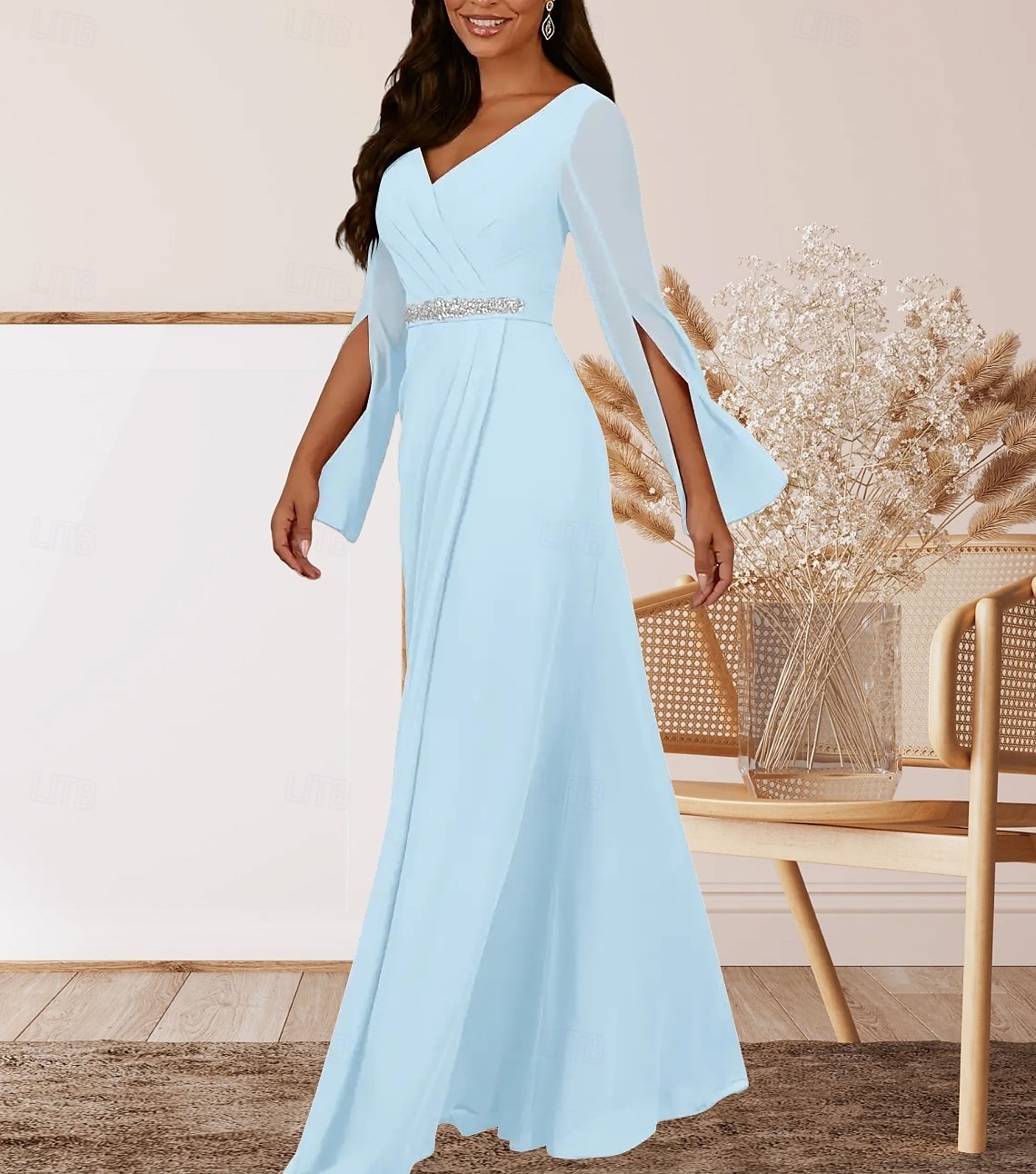 A-Linie Brautmutterkleid Hochzeitsgast Elegant V Ausschnitt Bodenlang Chiffon Langarm mit Kristalle Raffung 2025 2025 - $157.99 –P3