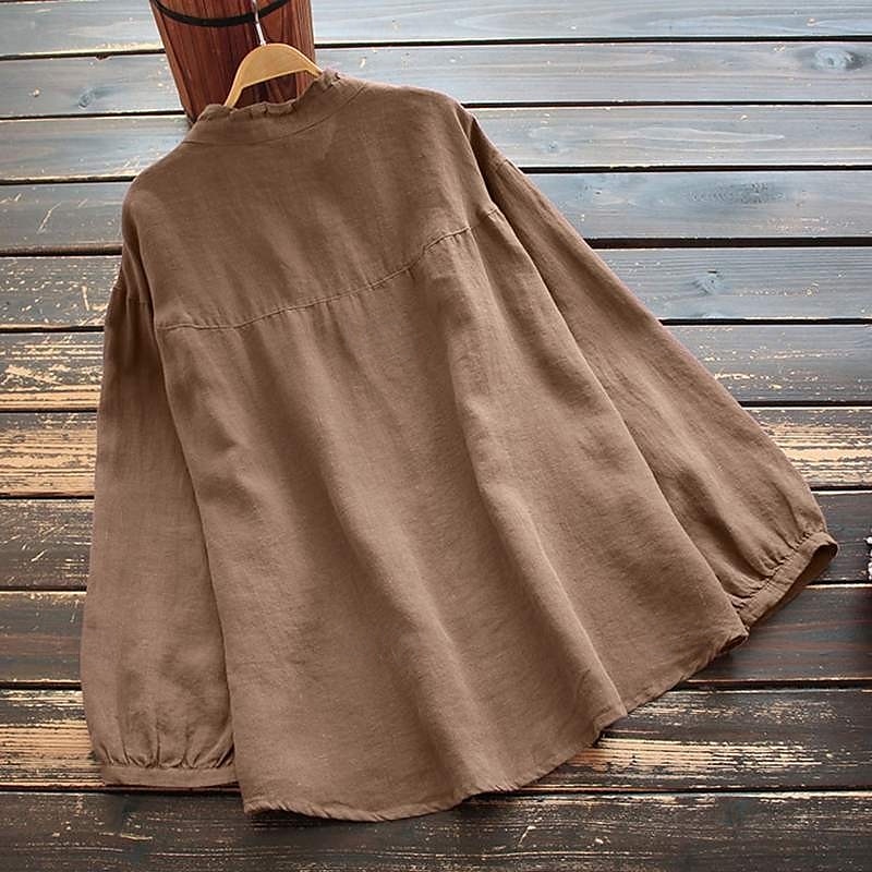 Neujahr Damen Elegante Oberteile Einfach Stilvoll Basic Modern Langarm Bischofsärmel Rundhalsausschnitt Normale Oberteile Arbeit Täglich Clubuniformen Gerafft Knöpfe Tunika Schwarz Purpur Khaki 2025 - $21.99 –P5