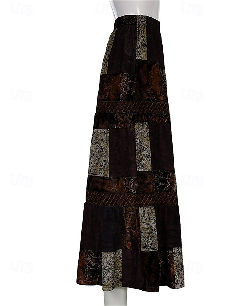 Per donna Gonna Linea A Svasato Casual Boho Maxi Vita Alta Gonne Blocco di colori Patchwork Vacanza Ferie Marrone Estate Poliestere del 2025 a $24.99 –P8