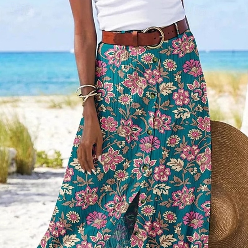 Damen Rock Lässig Boho Maxi Mittlere Hüfthöhe Röcke Blumen Druck Gespleißte Enden Mikroelastisch Urlaub Straße Dunkelgrün Sommer Polyester 2025 - $23.99 –P2