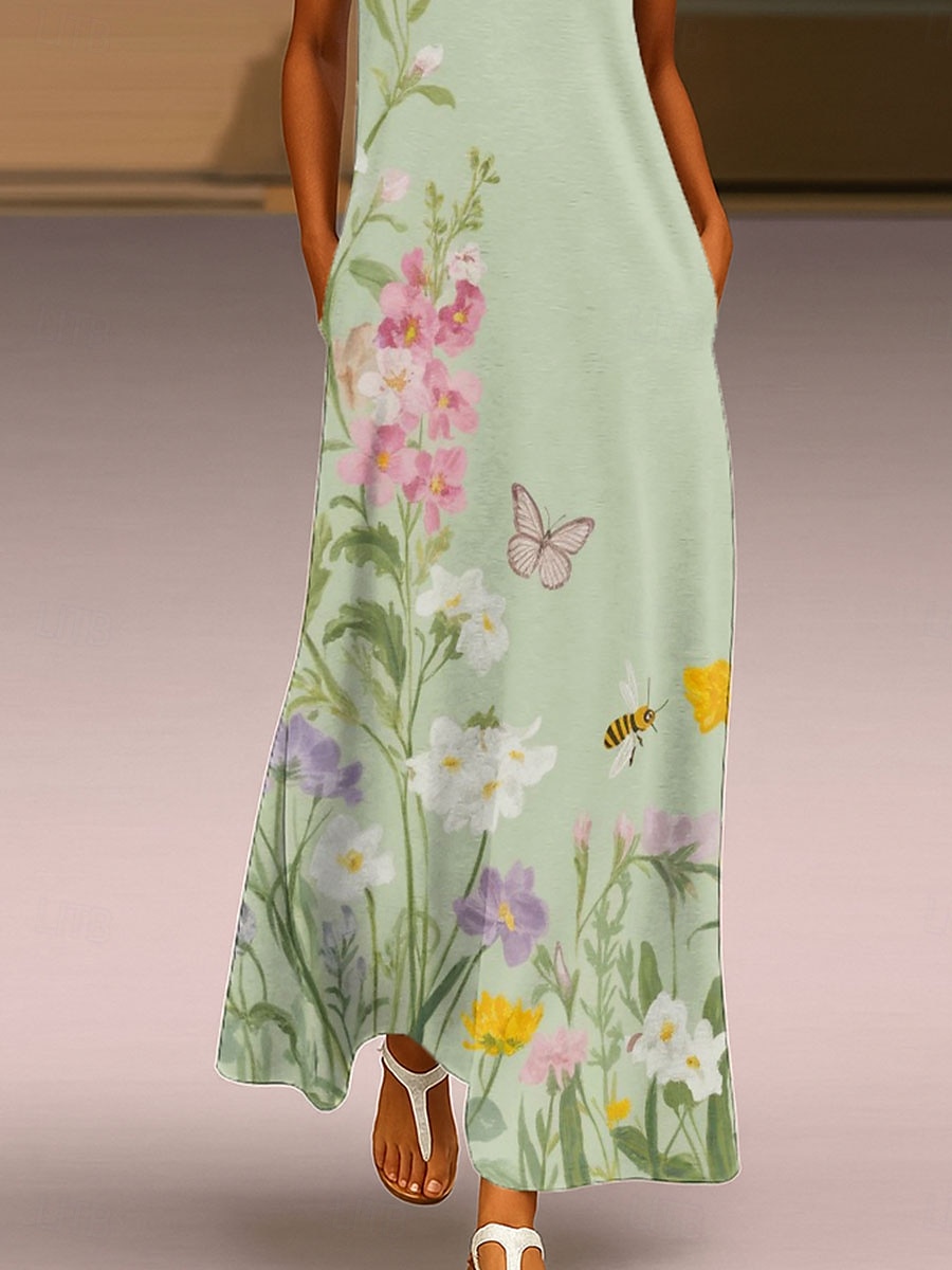 Women's Maxi Dress Sundress A Line Dress Summer Dress Vacation Casual Boho Daily Holiday Loose Fit Floral Graphic Sleeveless V Neck Green Summer 2025 - $36.99 –P3