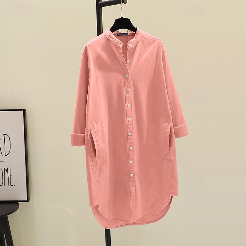Mujer Camisa Camisas de algodón y lino Blusa Plano Moderno Casual Manga Larga Escote en Pico Tops largos Festivos Noche Botones Bolsillo Blanco Amarillo Rosa Verde Trébol Verano 2025 - $28.99 –P1