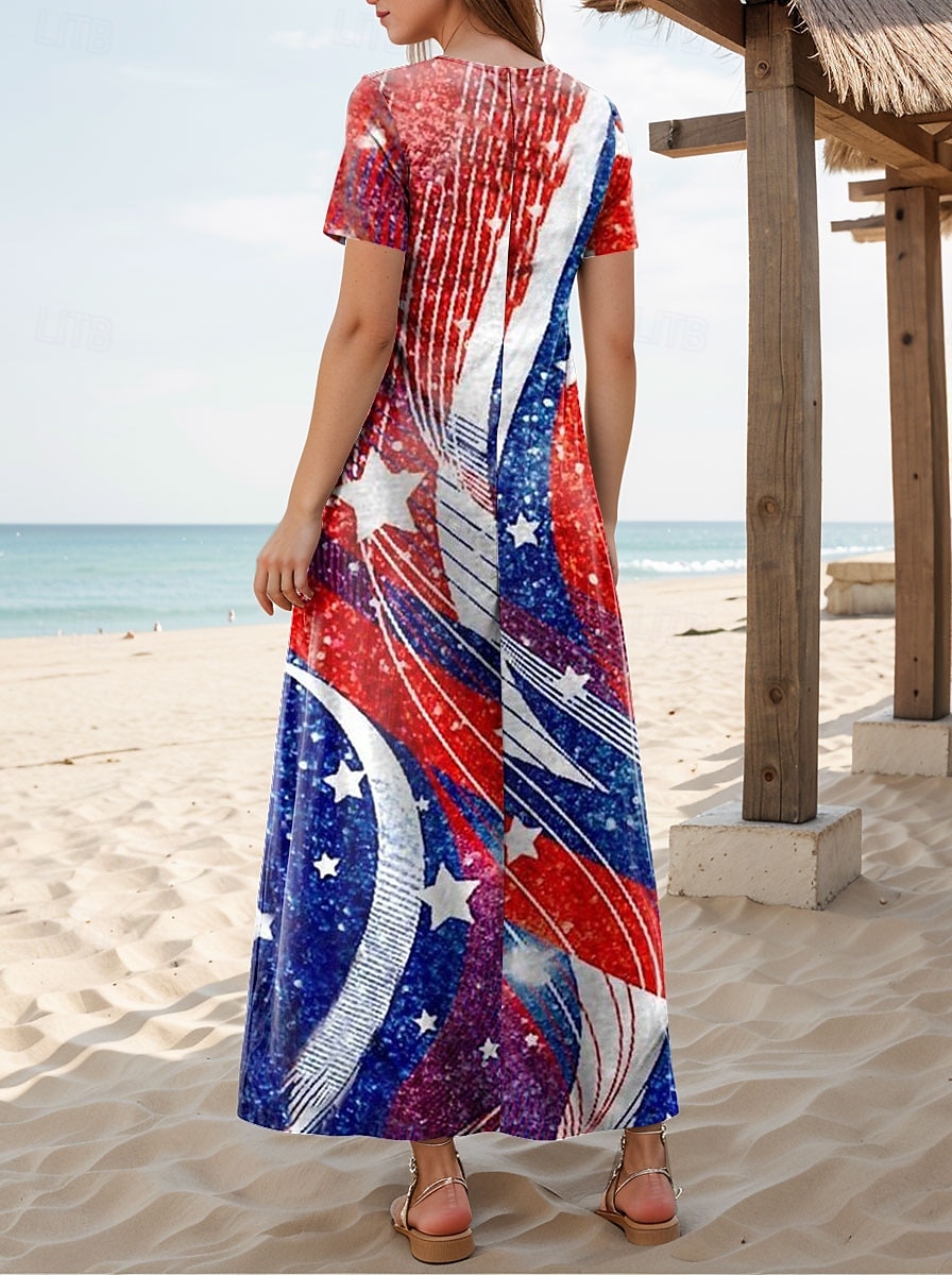 Kobiece Patrioticzne Sukienka Maxi T-Shirt Sukienka Tee Sukienka Letnia Casual Motylkowe Rękawy Plaża Regularny Krój Graficzne Gwiazdy i Paski Krótki Rękaw Okrągły Dekolt Czerwony Niebieski 2025 - $22.99 –P2