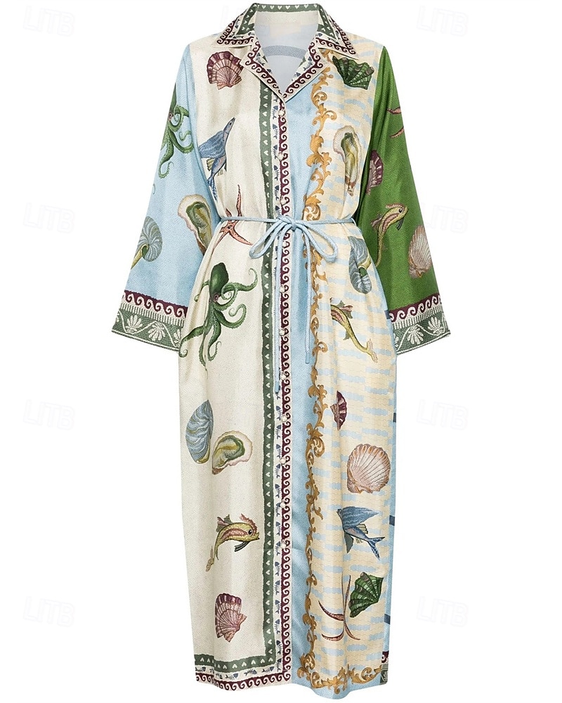 Per donna Abito Lungo Maxi Abito Abiti in cotone e lino Vestito Casual Moda All'aperto Feste Ferie Vestibilità regolare Animale Manica Lunga Colletto a Camicia Blu Estate del 2025 a $46.99 –P5