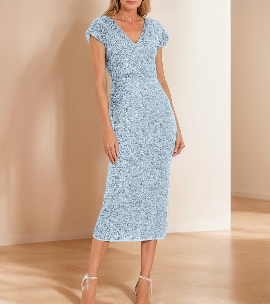 Robe fourreau/colonne en dentelle à paillettes vert bleu pour mère de la mariée, élégante, simple et luxueuse, col en V, longueur thé, longueur midi, tulle, manches courtes, 2025 de 2025 ? $149.99 –P4