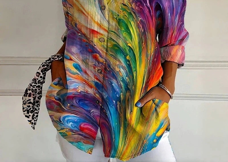 Pentru femei Cămașă Grafic Geometric Casual Boho Manșon Lung Guler Cămașă Topuri obișnuite Zilnic Ieșire Ținute de petrecere Peteci Nasturi Imprimeu Curcubeu Primăvară, toamnă, iarnă, vară 2025 - $25.99 –P3