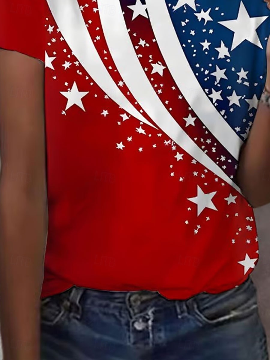 Unabhängigkeitstag patriotisches Damen T-Shirt Grafik Flagge vintage stilvoll klassisch kurzarm Rundhals reguläre Oberteile täglich Wochenende Druck rot Sommer 2026 - $22.99 –P4